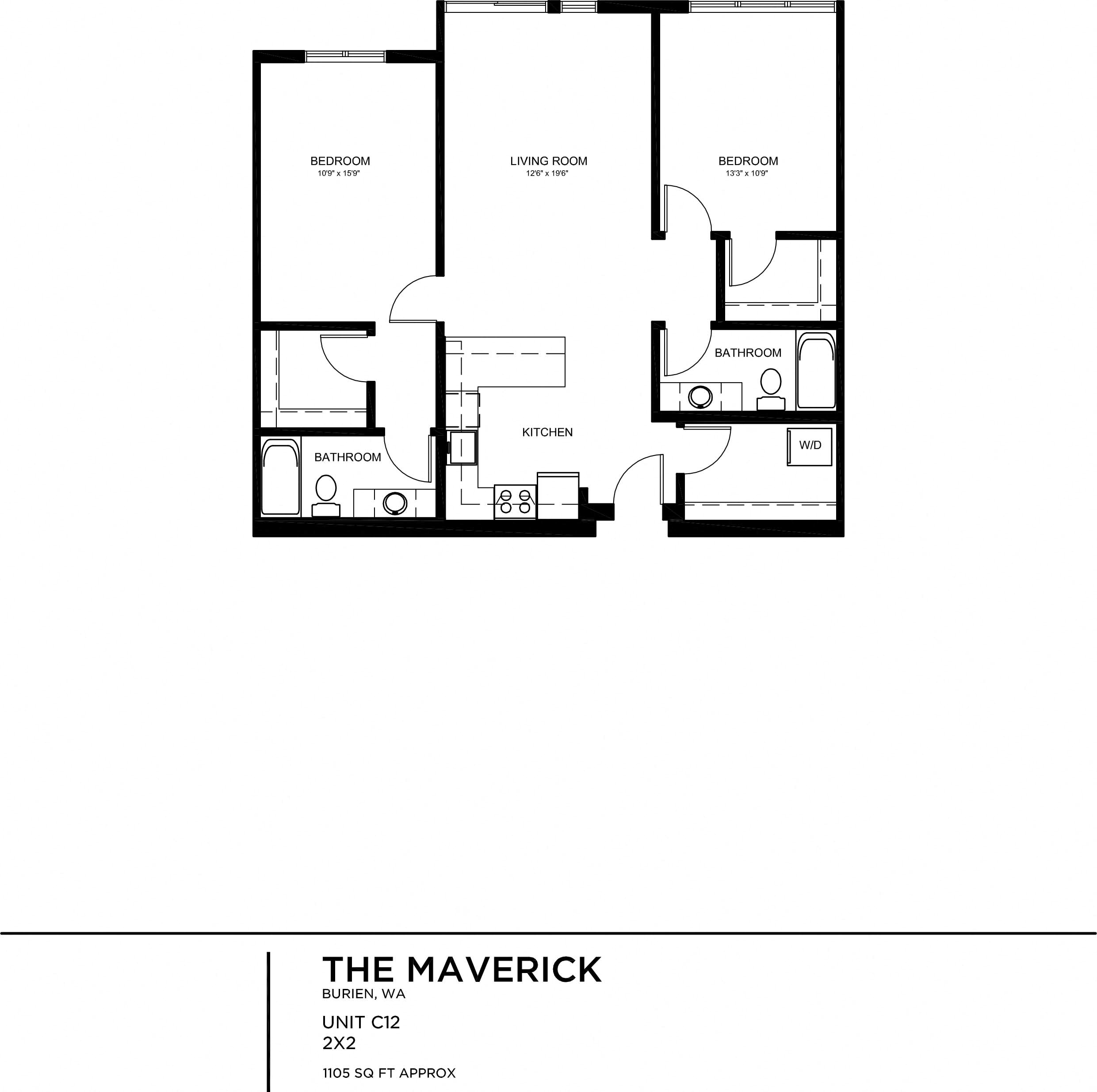 Floor plan for 2 beds, 2 baths, 1105 sqft